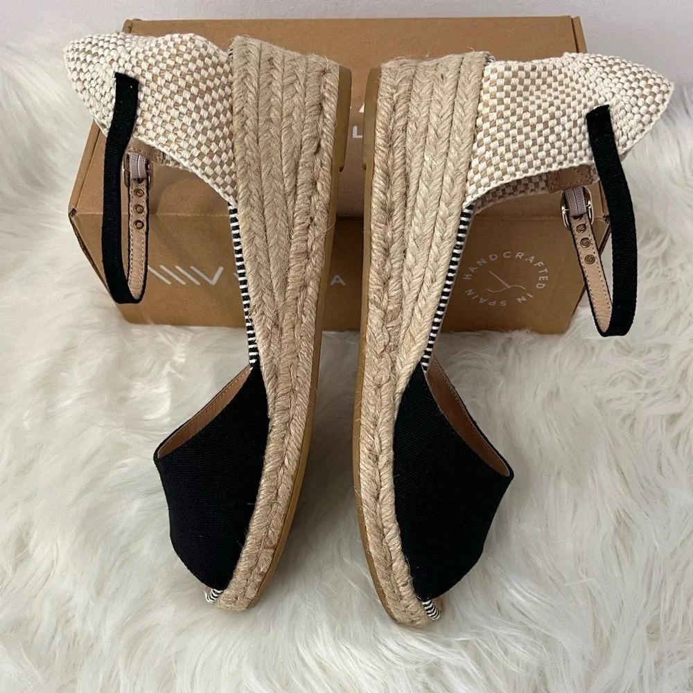 Viscata Italian Black and Cream Espadrille Wedge Sandals with Ankle Strap